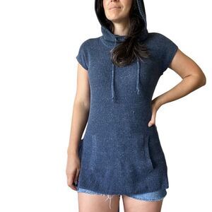 Athleta Blue Knit Sweater Tunic Hooded Short Sleeve Women Size XS Athleisure